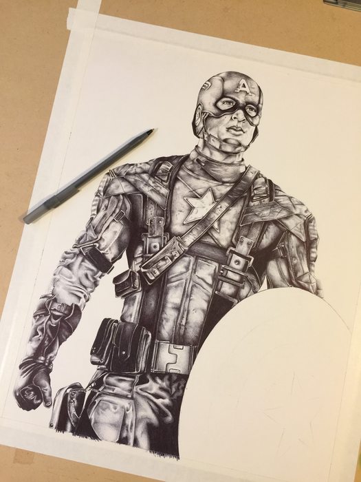 Captain America fully shaded in Bic pen, shield still blank