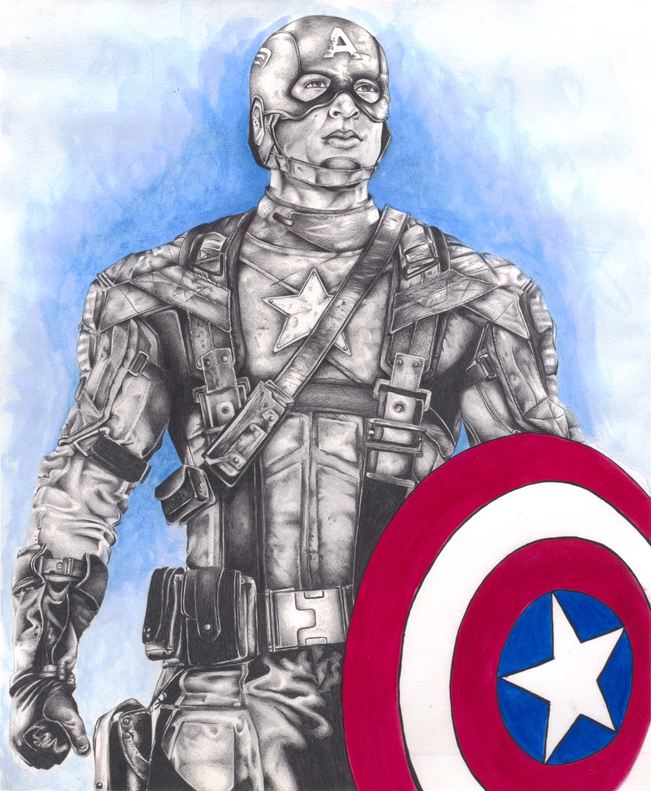Captain America in a detailed Bic pen drawing, with a blue wash behind him and his shield in red, white and blue