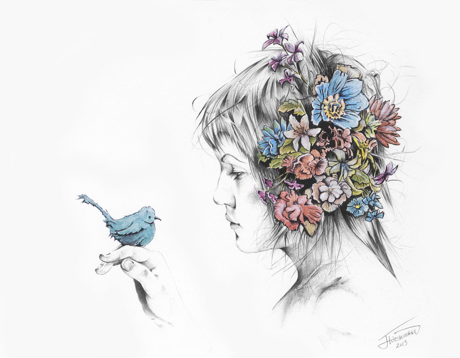Harmony: a woman in profile with flowers blooming from her hair, a small blue bird perched on her hand