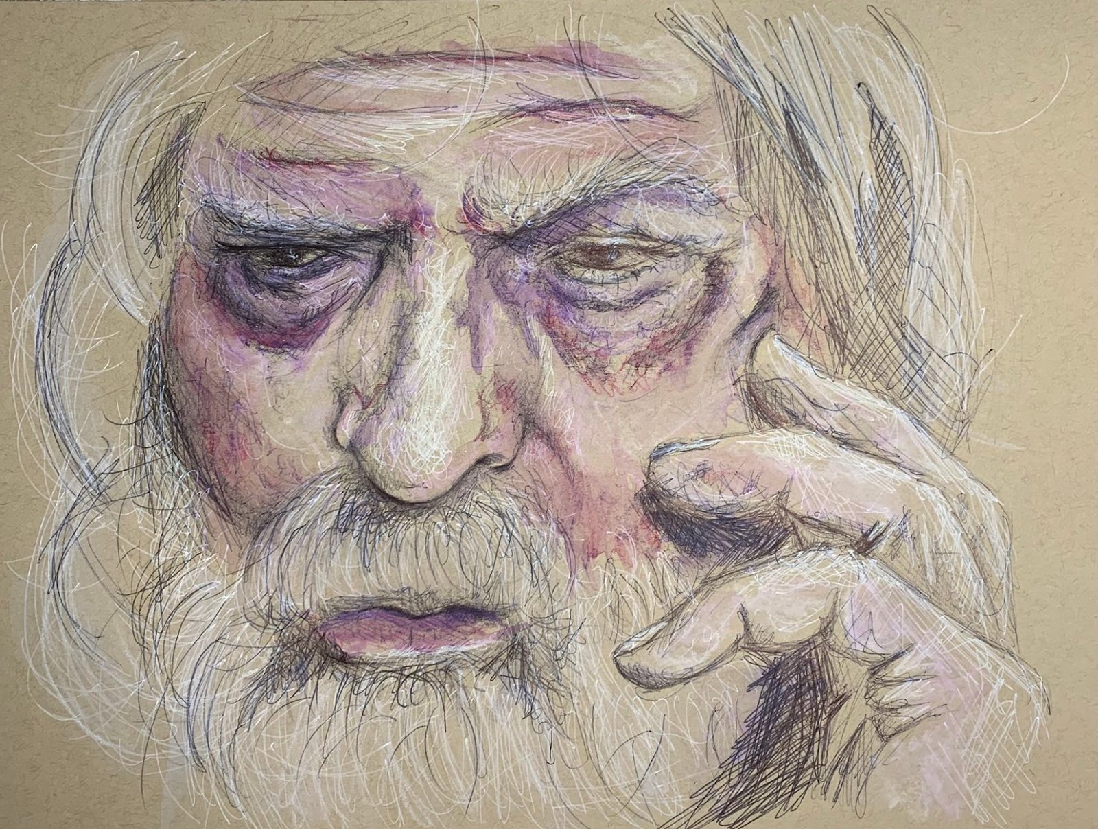 An old man's face in pen and white on toned paper, one hand pressed to his forehead, with lavender and rose shading
