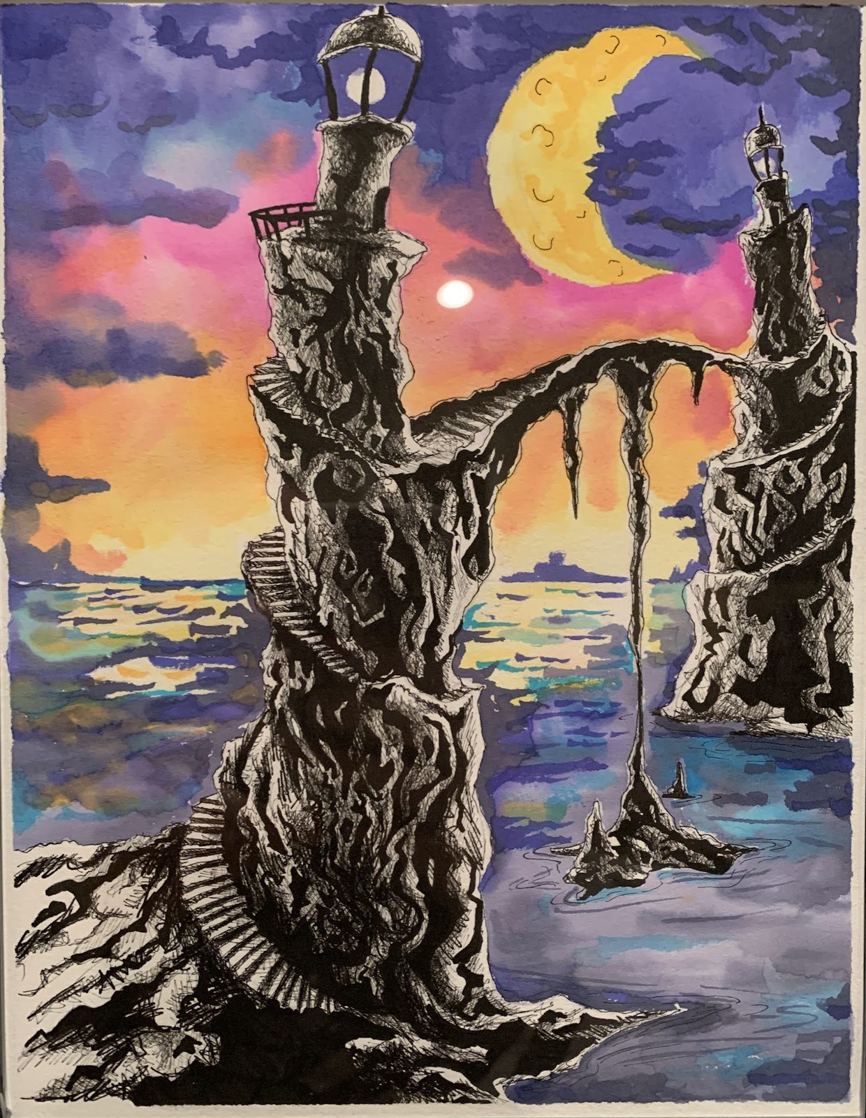 Two twisting rock towers topped with lanterns, joined by a dripping stone bridge, in dense black ink over a pink, orange and violet watercolor sky with a yellow crescent moon