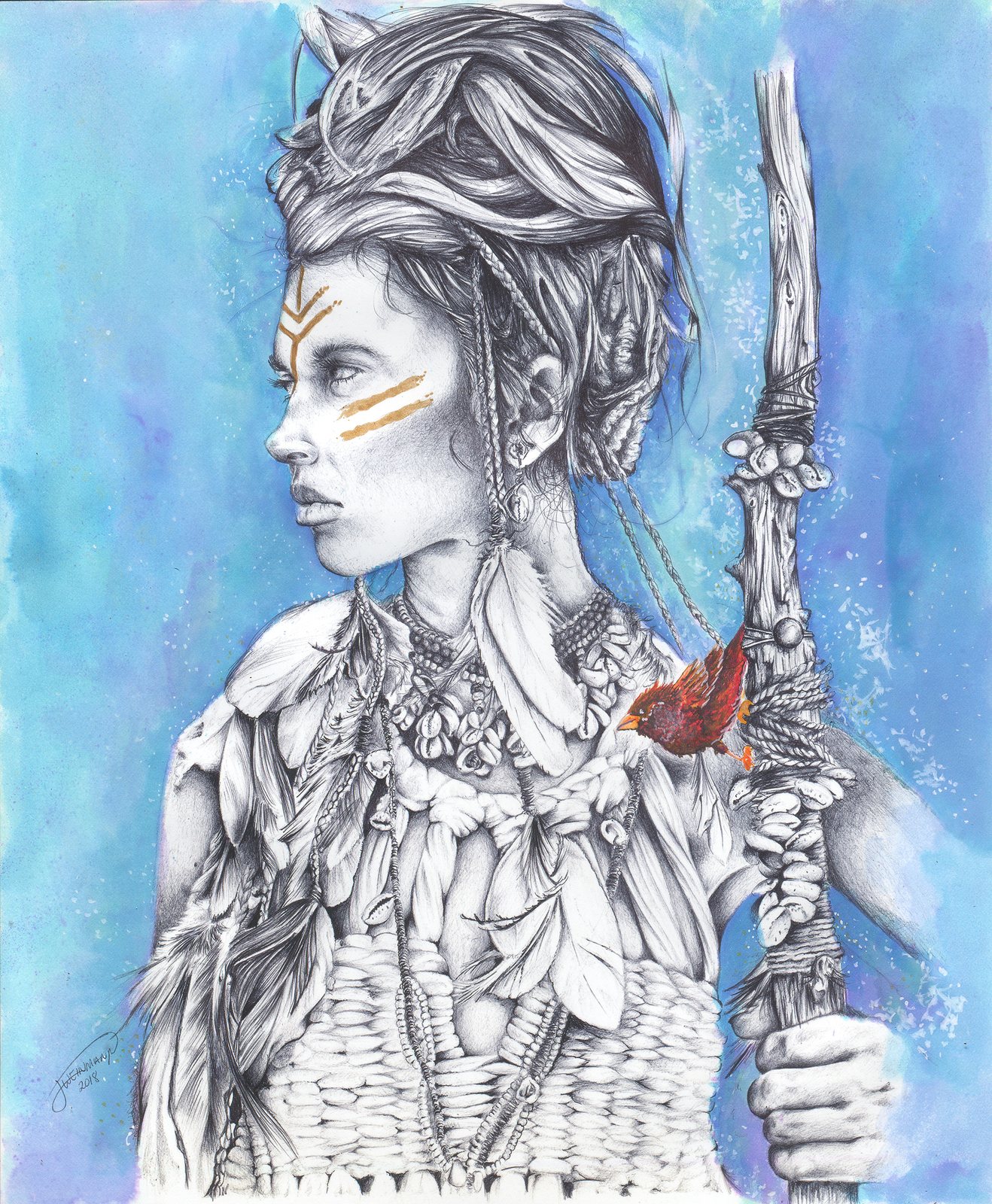 Sentry: a woman in profile with gold marks painted on her face, braided hair, a shell-and-feather collar and a carved staff, with a red bird at her shoulder, against a blue watercolor wash